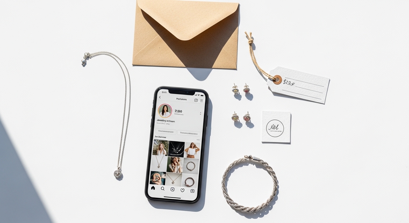 Overhead flat lay of handmade jewelry and social media phone