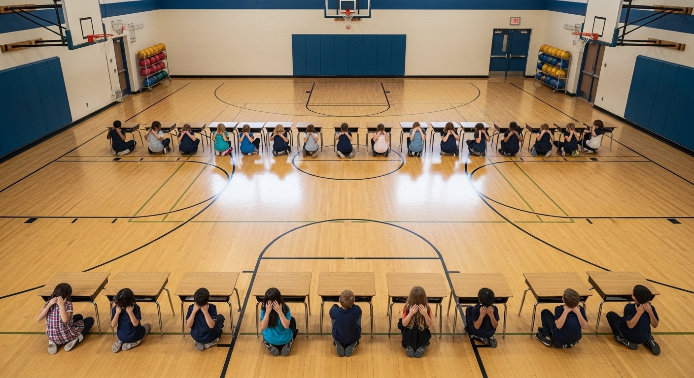 Overhead view of children practicing earthquake drill in gymnasium