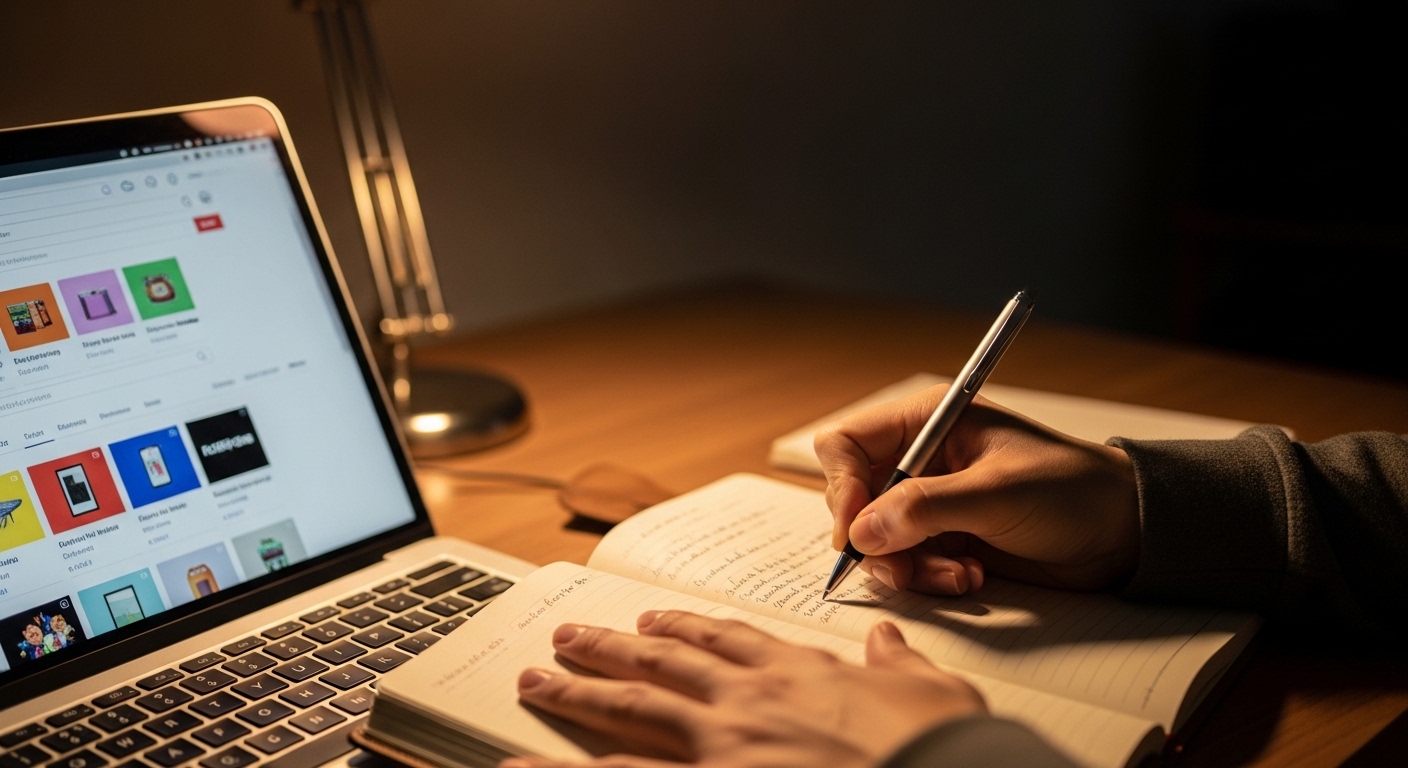 Hands writing business notes beside open laptop