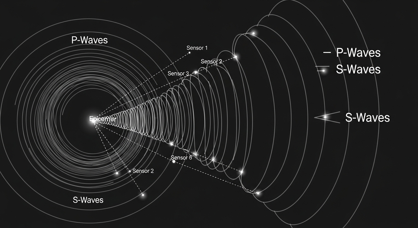 Diagram showing P-wave and S-wave propagation from earthquake epicenter