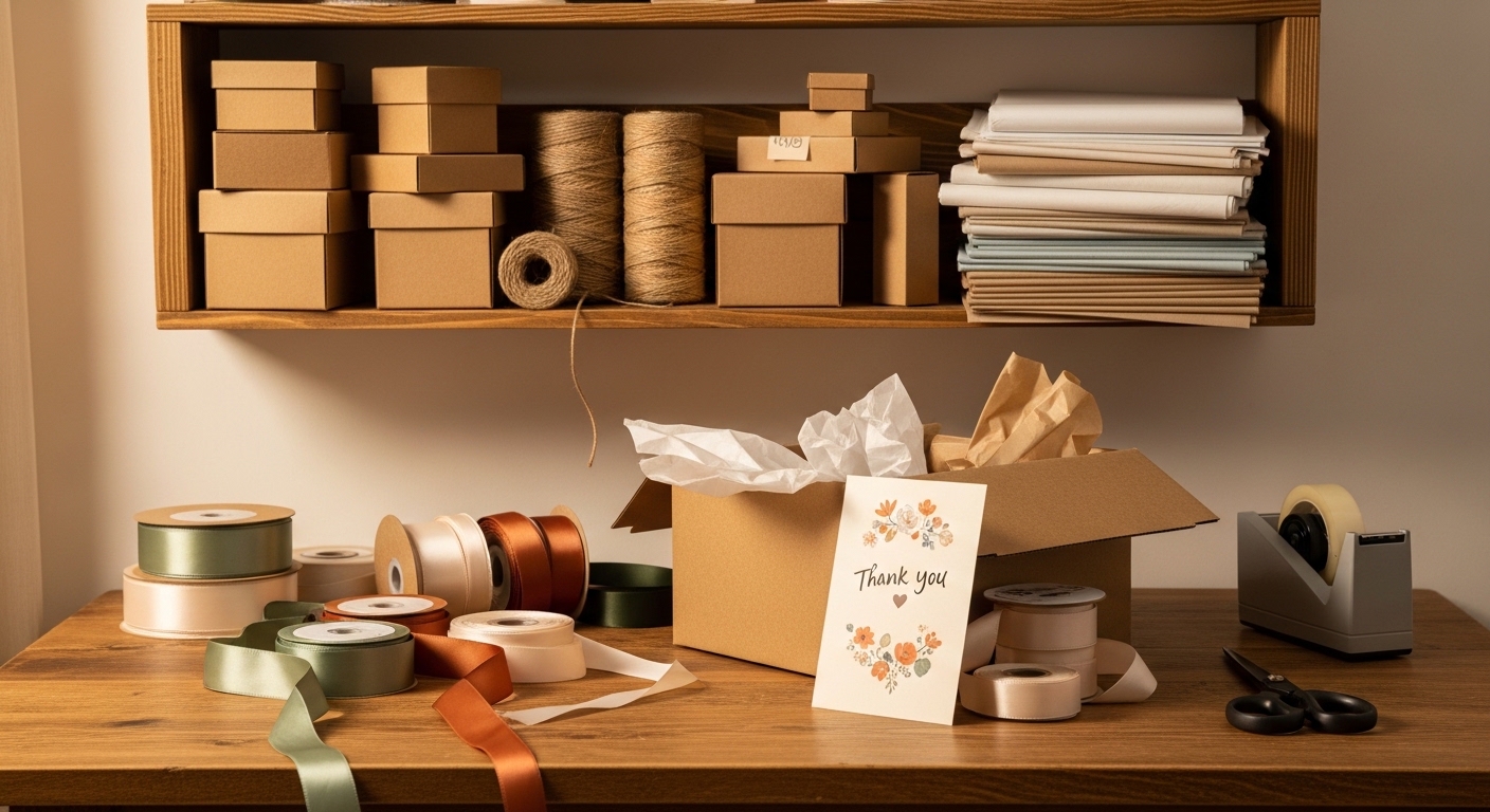 Home packaging station with boxes and thank-you cards