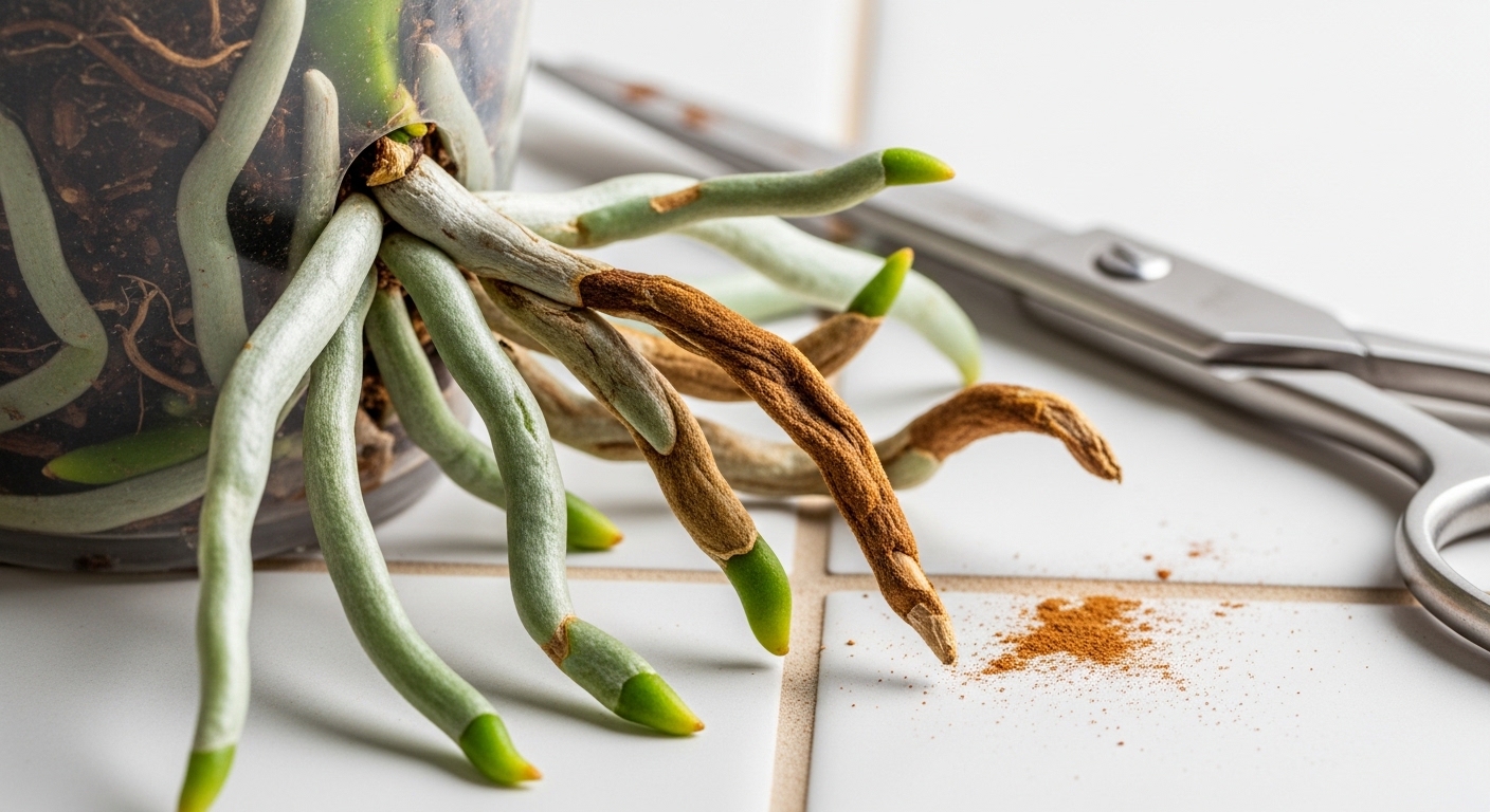 Phalaenopsis roots showing healthy and damaged sections beside scissors.