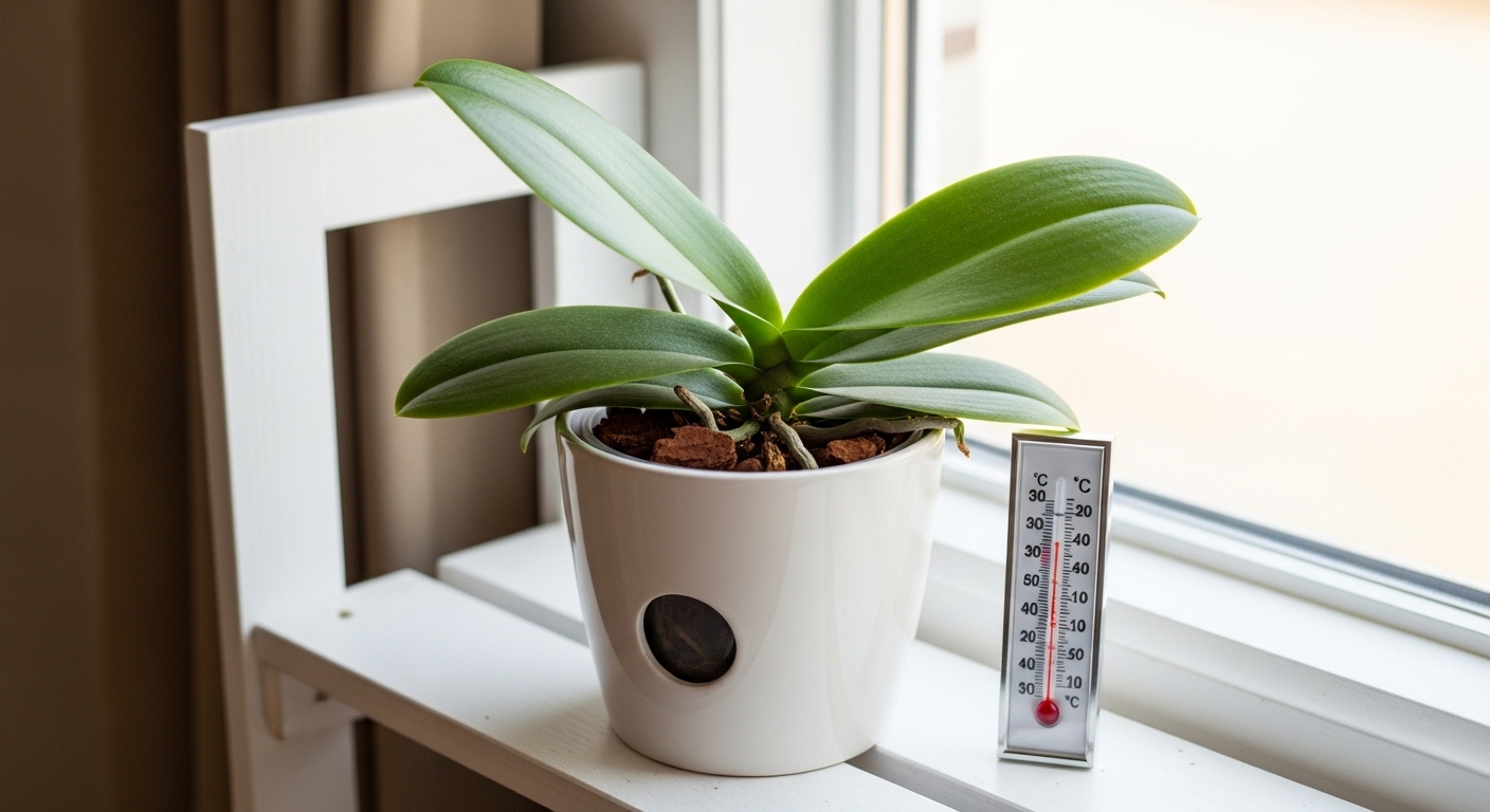 Healthy Phalaenopsis orchid near a north-facing window with a thermometer.