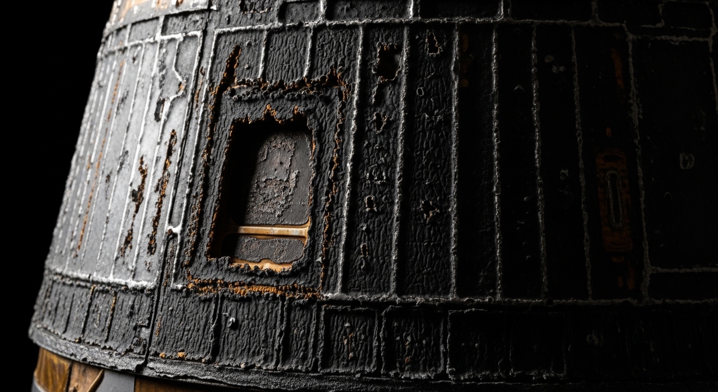 Burned heat shield surface of space capsule