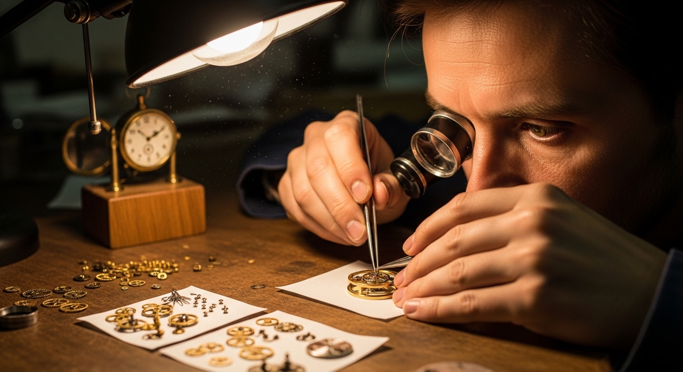 Watchmaker assembling tourbillon cage under loupe