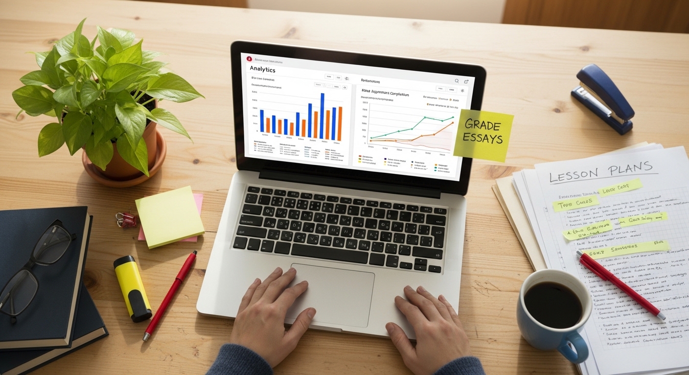 Lehrerpult mit KI-Analyse-Dashboard und Unterrichtsmaterialien