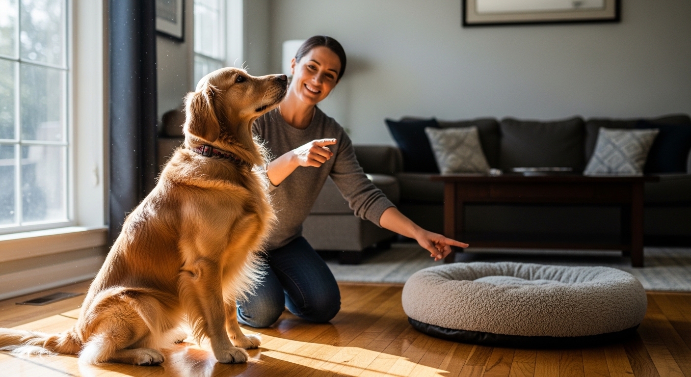 owner redirecting golden retriever to nearby dog bed
