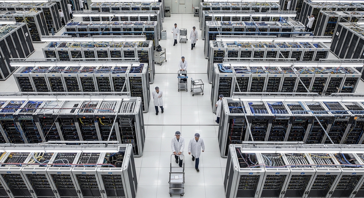 Tampak atas ruang server superkomputer dengan teknisi
