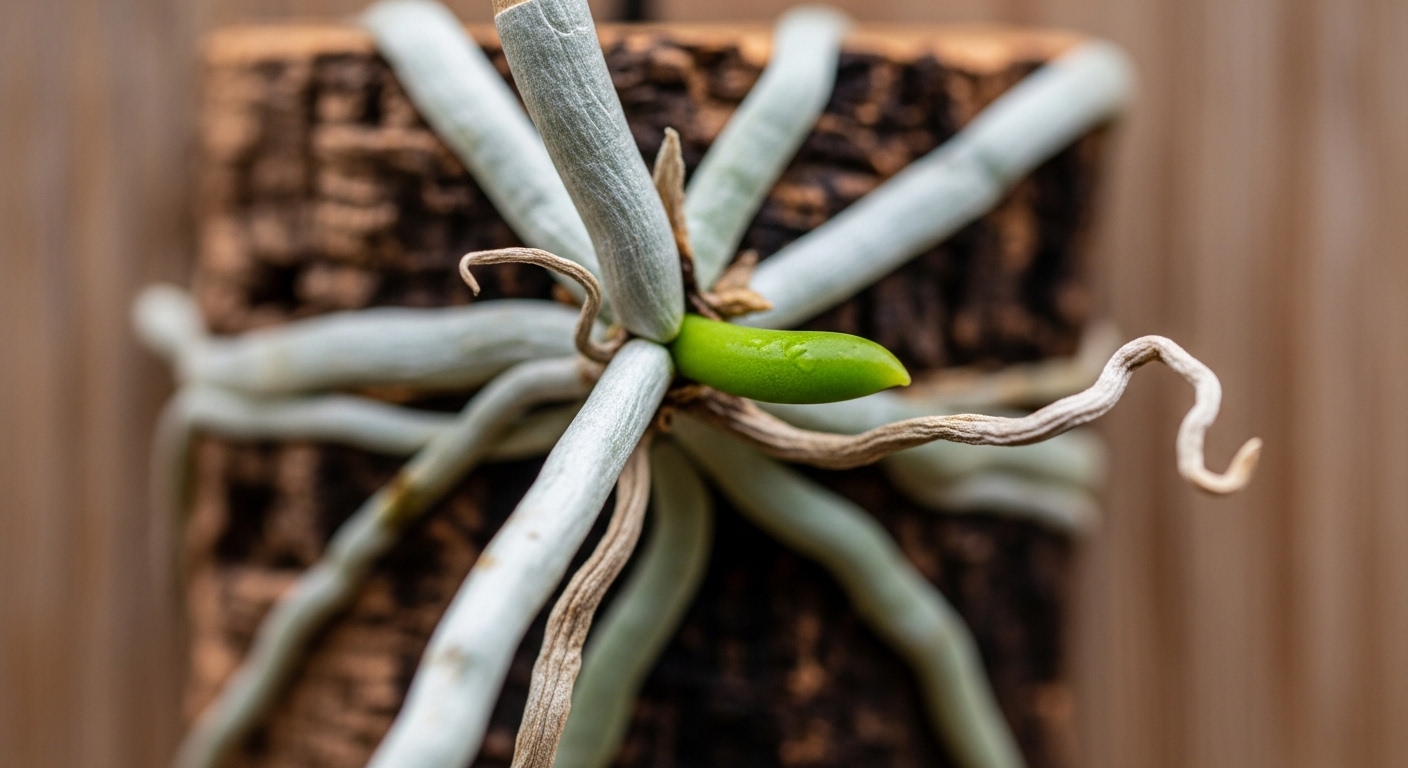 Phalaenopsis aerial roots with green tips on natural cork bark.