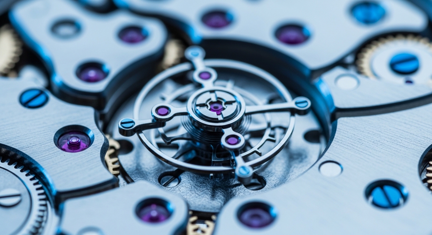 Tourbillon cage close-up showing jeweled pivots