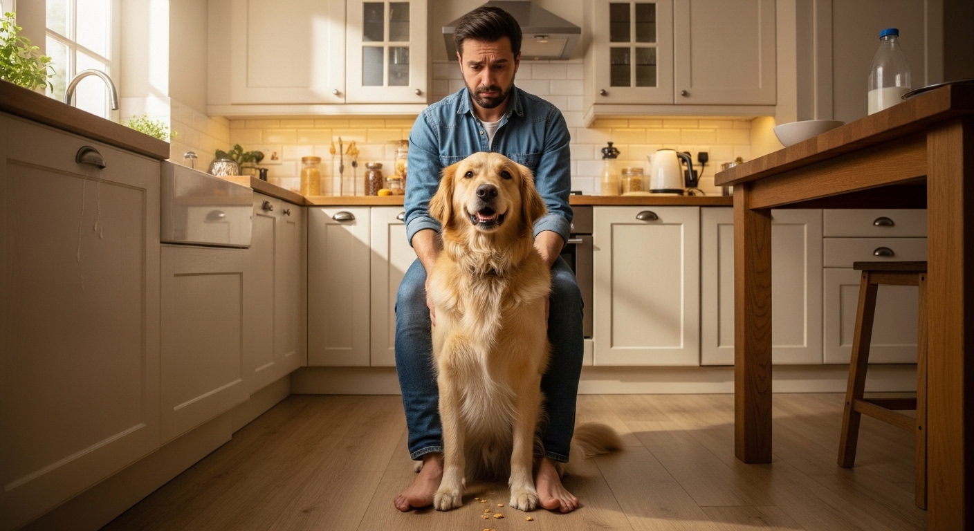 large dog sitting on owner's feet in kitchen