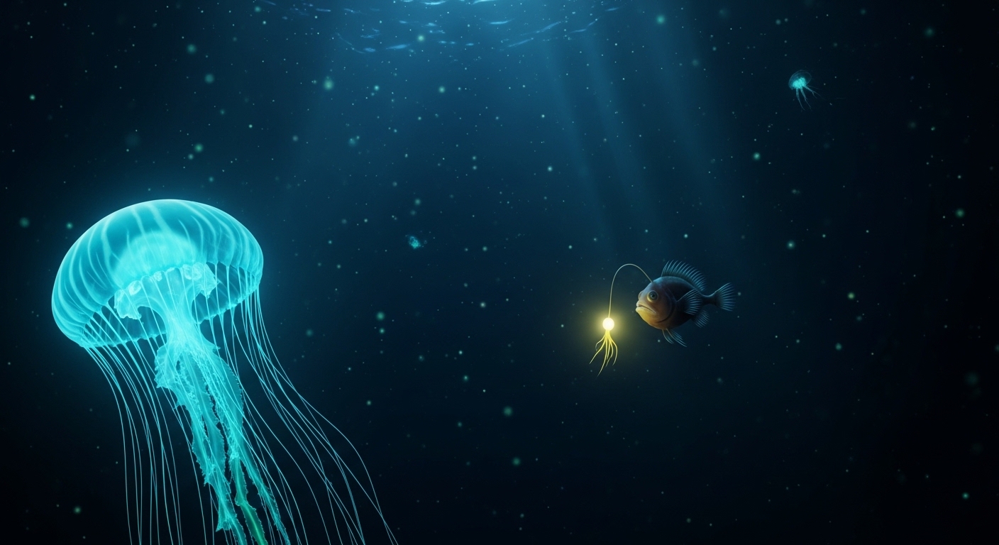 Cena subaquática com múltiplas criaturas bioluminescentes