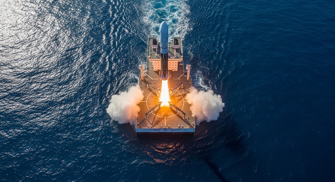 Rocket booster landing vertically on drone ship