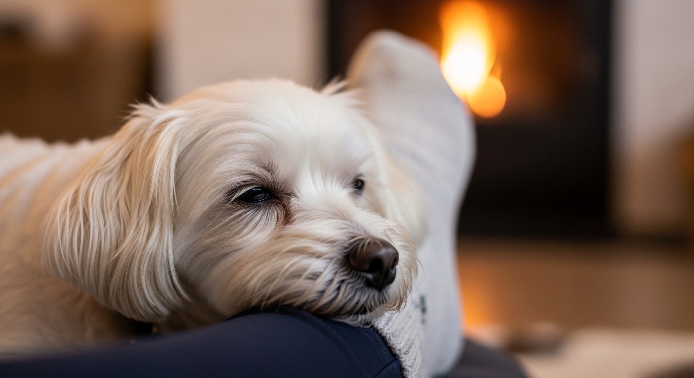 small white dog resting on owner's ankle by fireplace