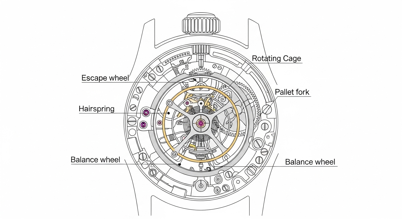 Labeled diagram of tourbillon movement components