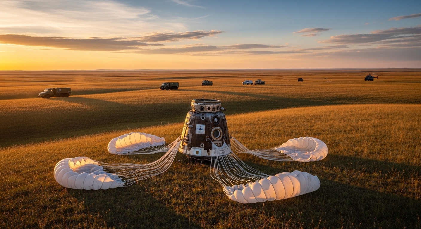 Space capsule landed on steppe grassland