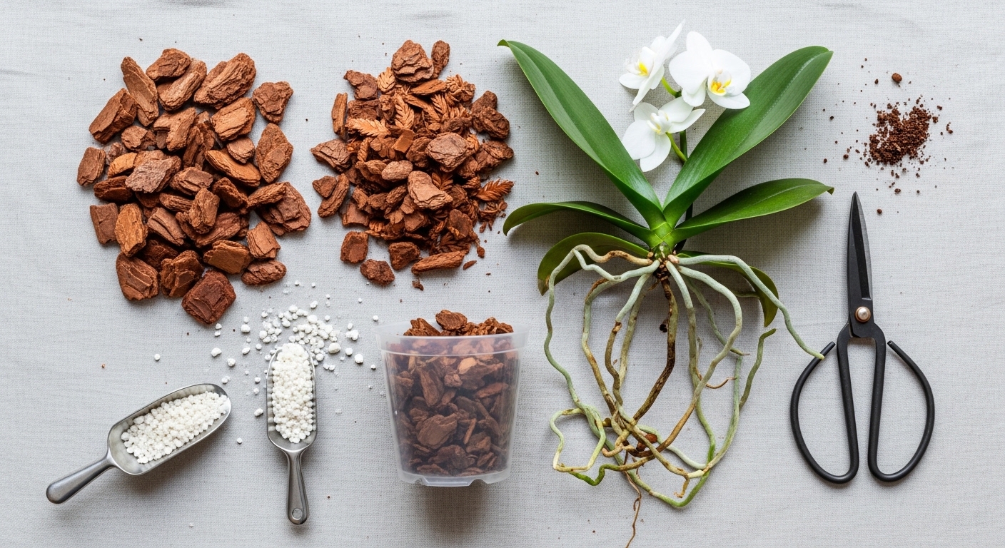 Orchid repotting materials including bark, perlite, and bare-root Phalaenopsis.