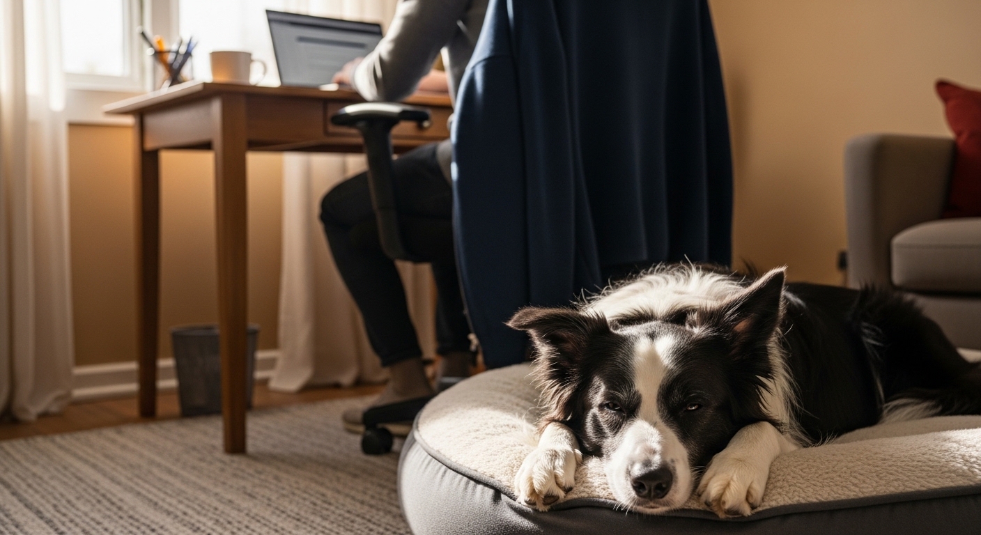border collie resting on bed beside owner's desk chair
