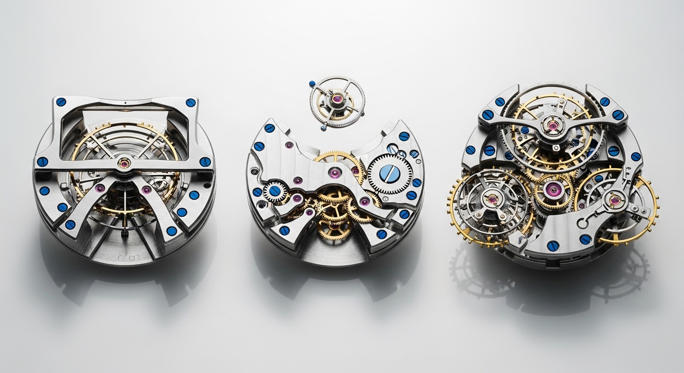 Three tourbillon watch movements overhead comparison