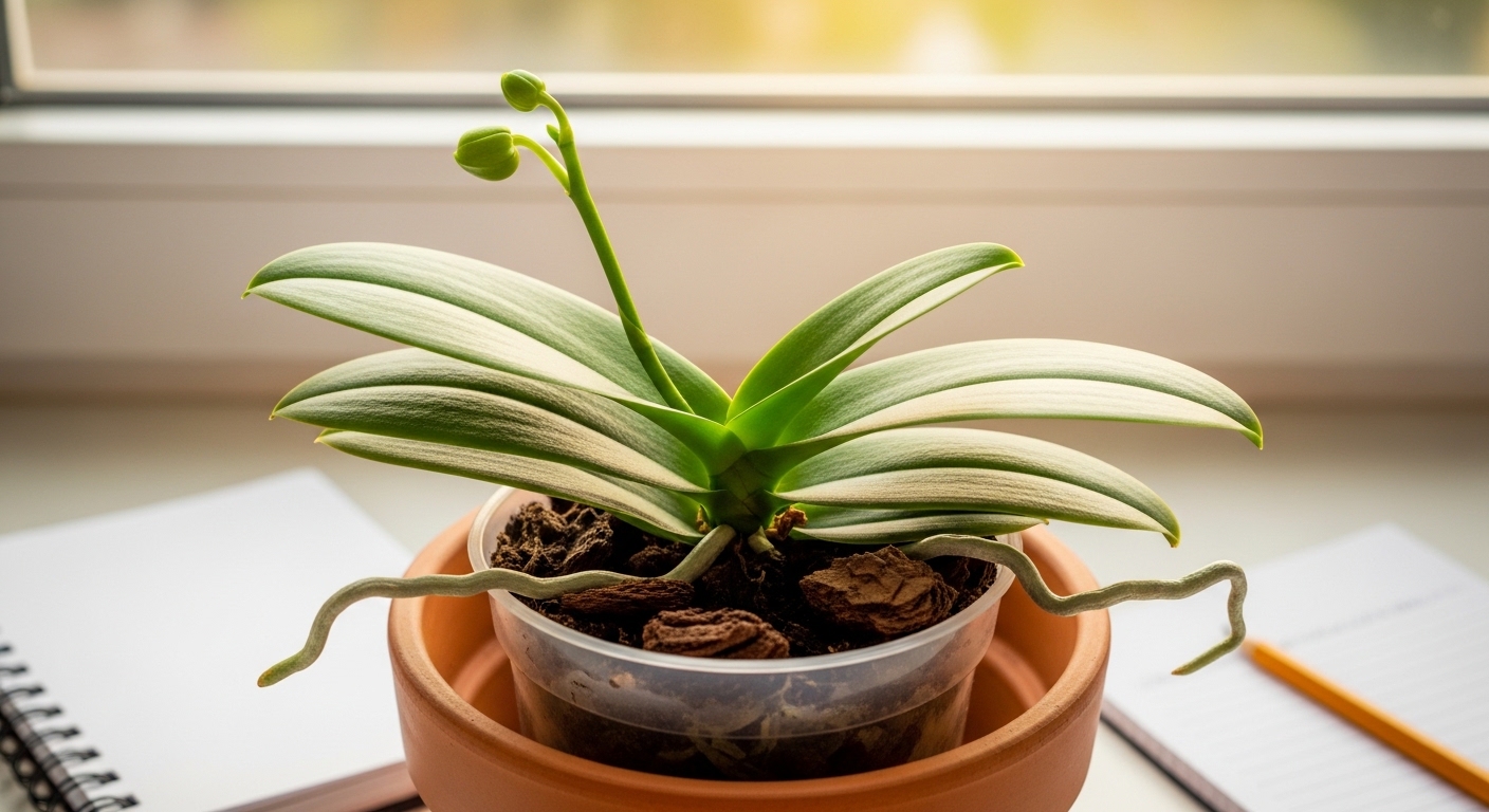 New Phalaenopsis flower spike emerging from the base of healthy leaves.