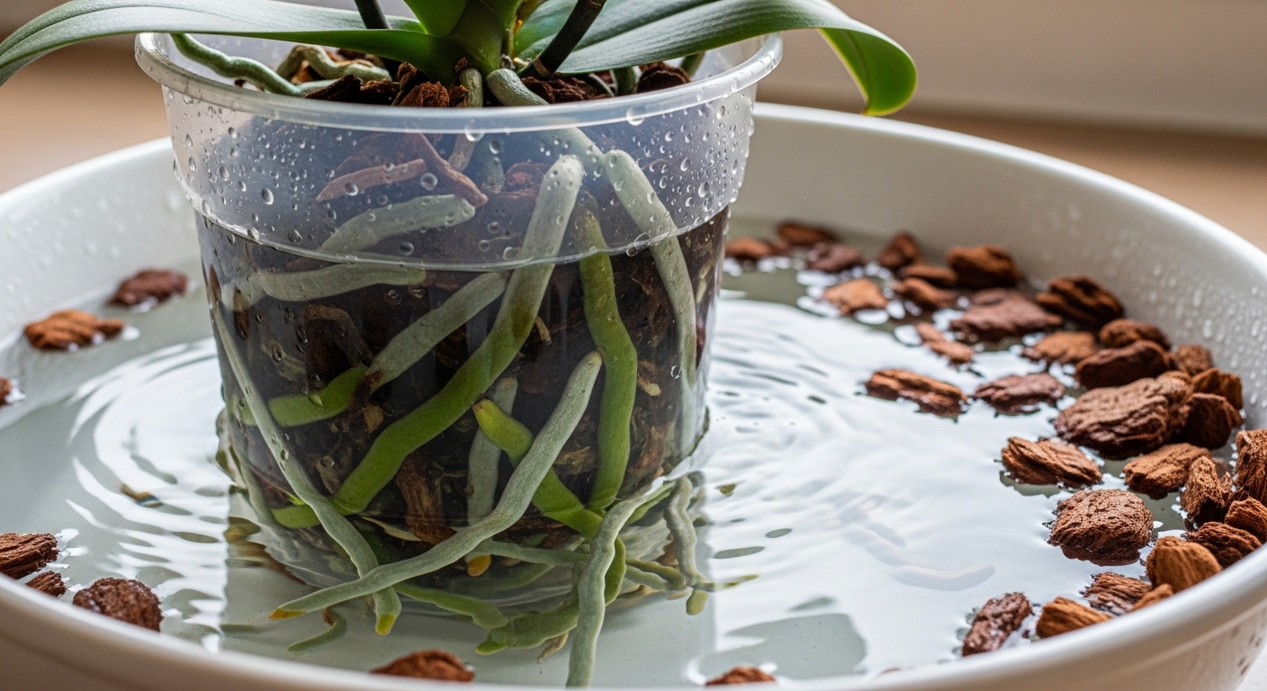 Phalaenopsis pot soaking in a basin of water showing root colors.