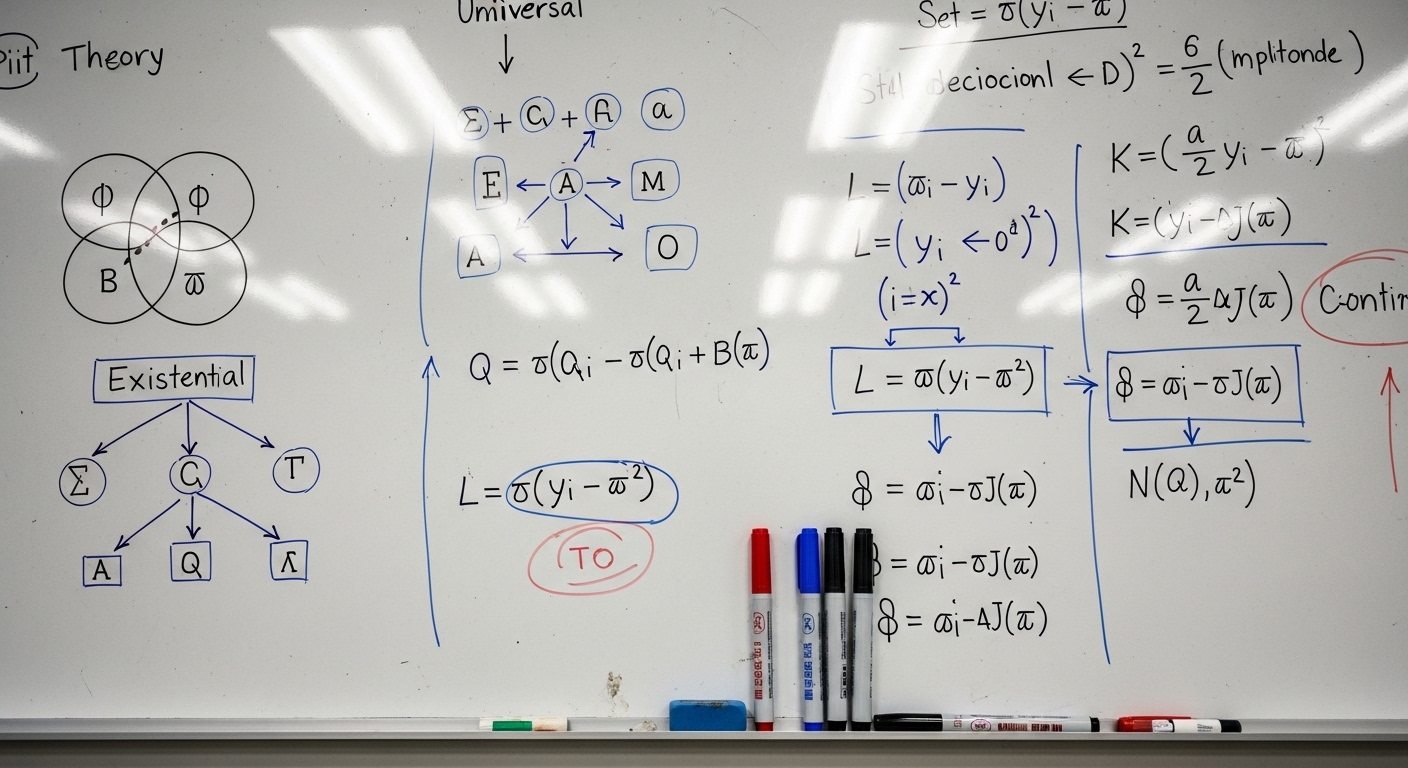 Pizarra con notación filosófica y ecuaciones de aprendizaje automático