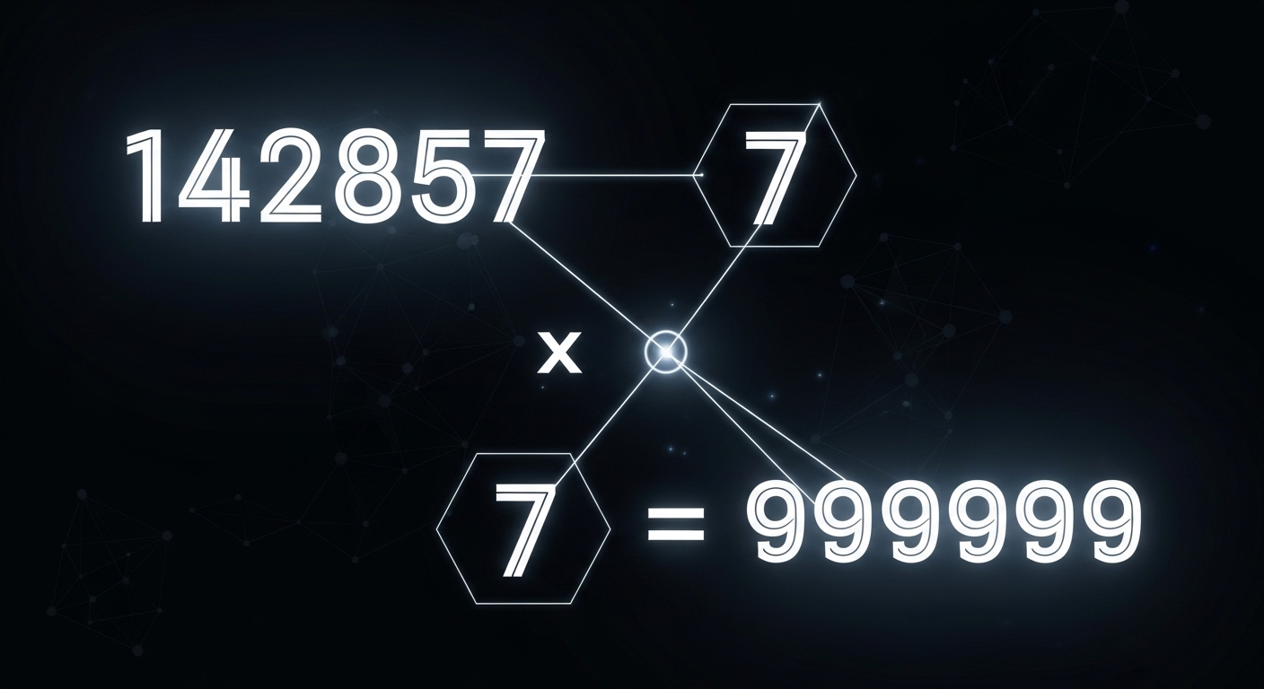 Mathematical diagram showing 142857 times 7 equals 999999