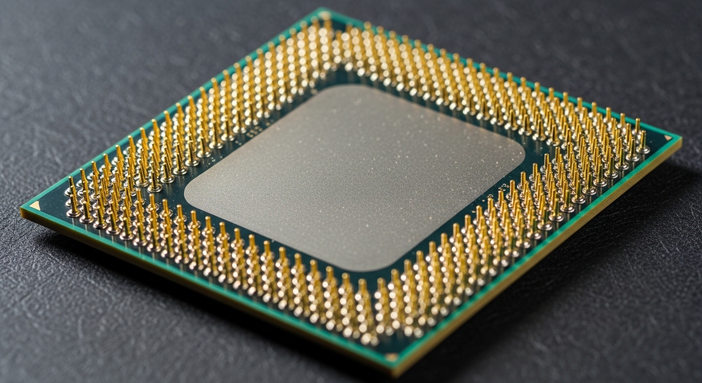 Chip CPU nhìn từ trên xuống, lộ chân tiếp xúc vàng