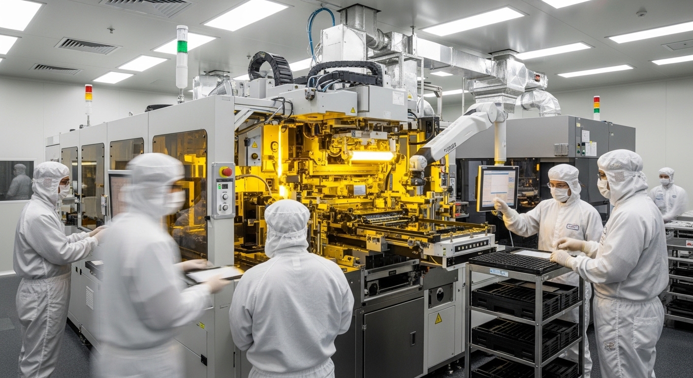 Kỹ thuật viên làm việc trong phòng sạch sản xuất chip