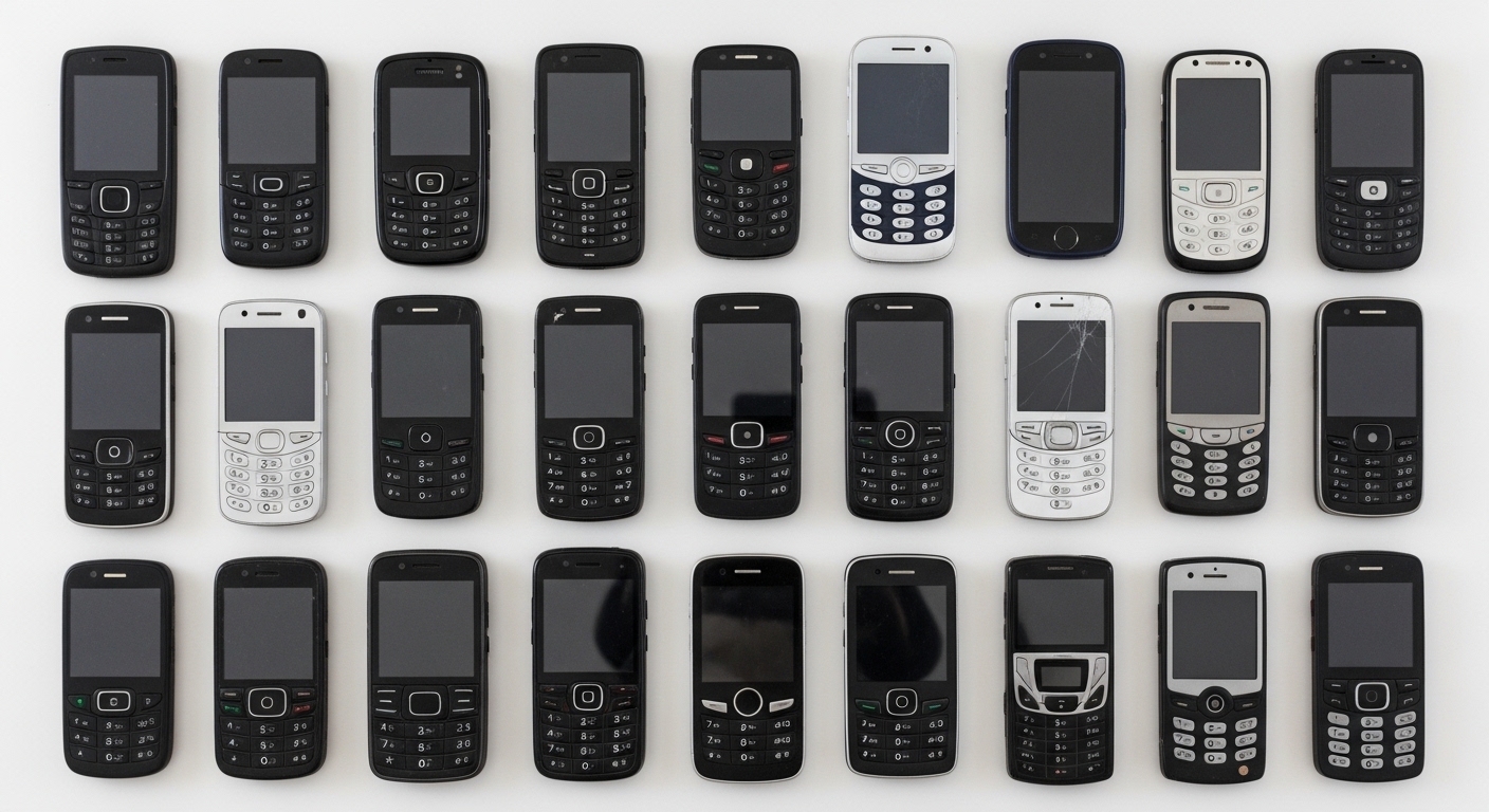 Overhead view of multiple smartphones in varying condition