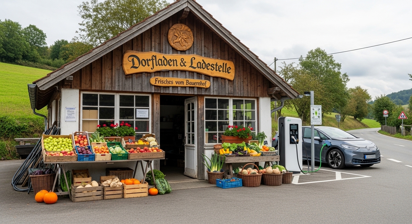 Rural fuel station converted to local market and EV charging hub
