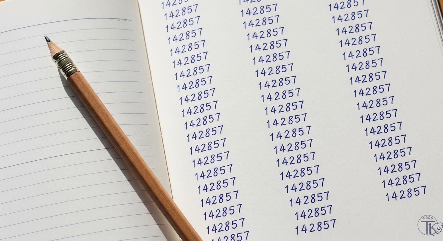 Handwritten notebook showing 142857 multiplication patterns