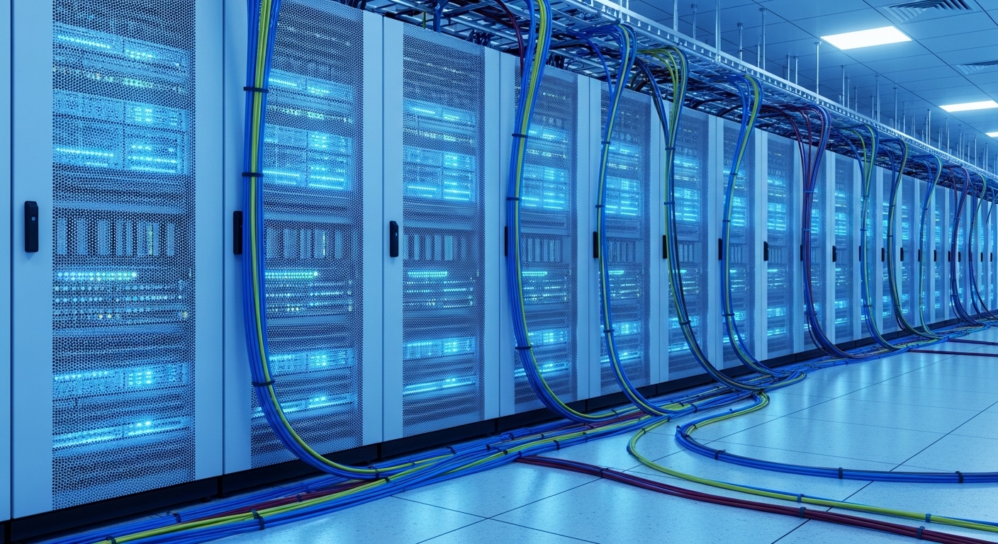 Server room with illuminated rack servers and cables