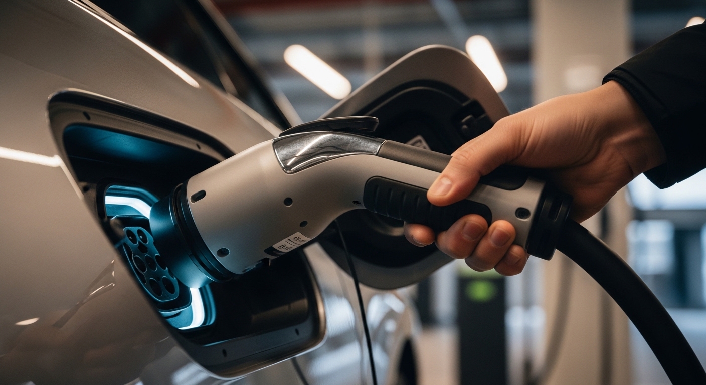 EV fast-charging connector plugged into electric vehicle