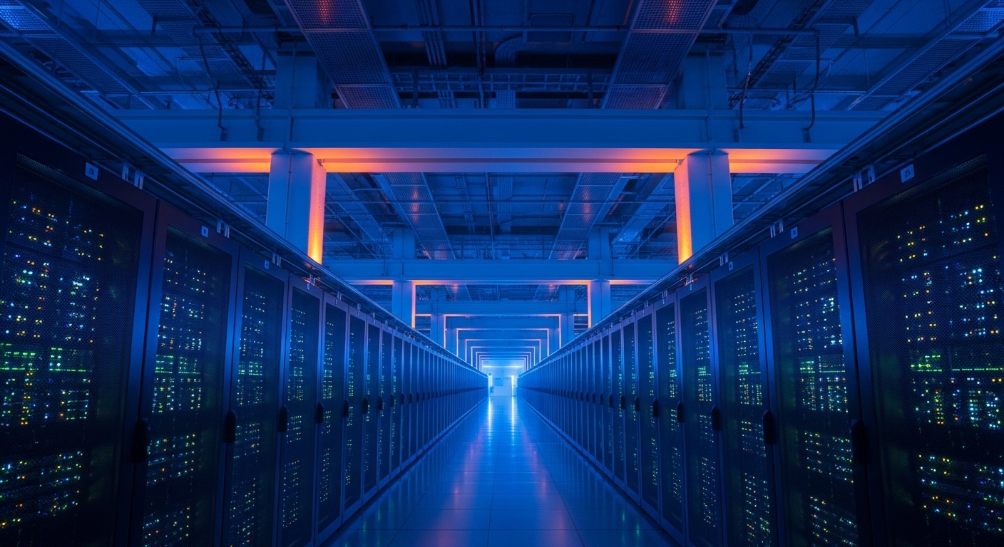 Pusat data modern dengan rak server berpendar