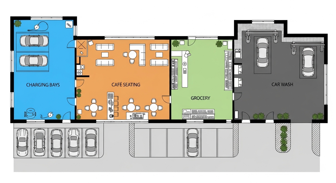 Overhead floor plan of reimagined fuel station with multiple zones