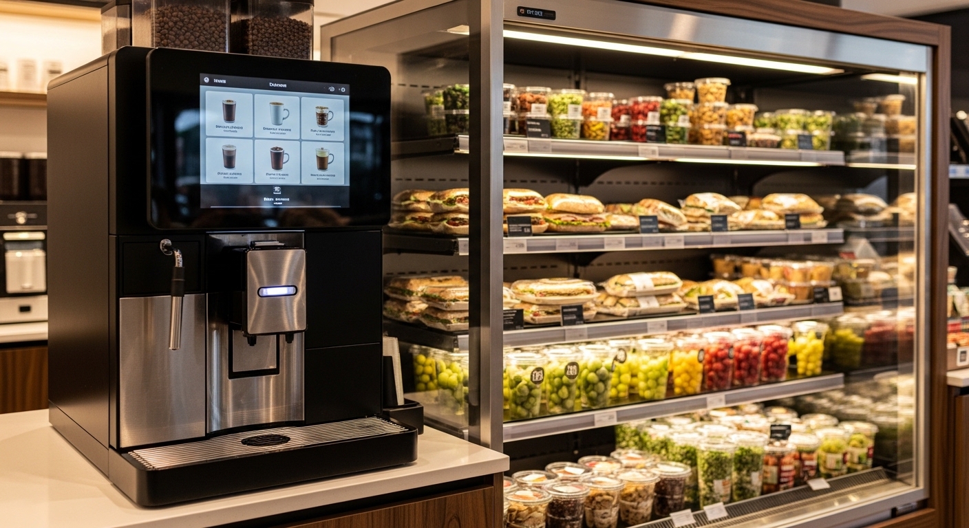 Modern self-service coffee station inside fuel station shop