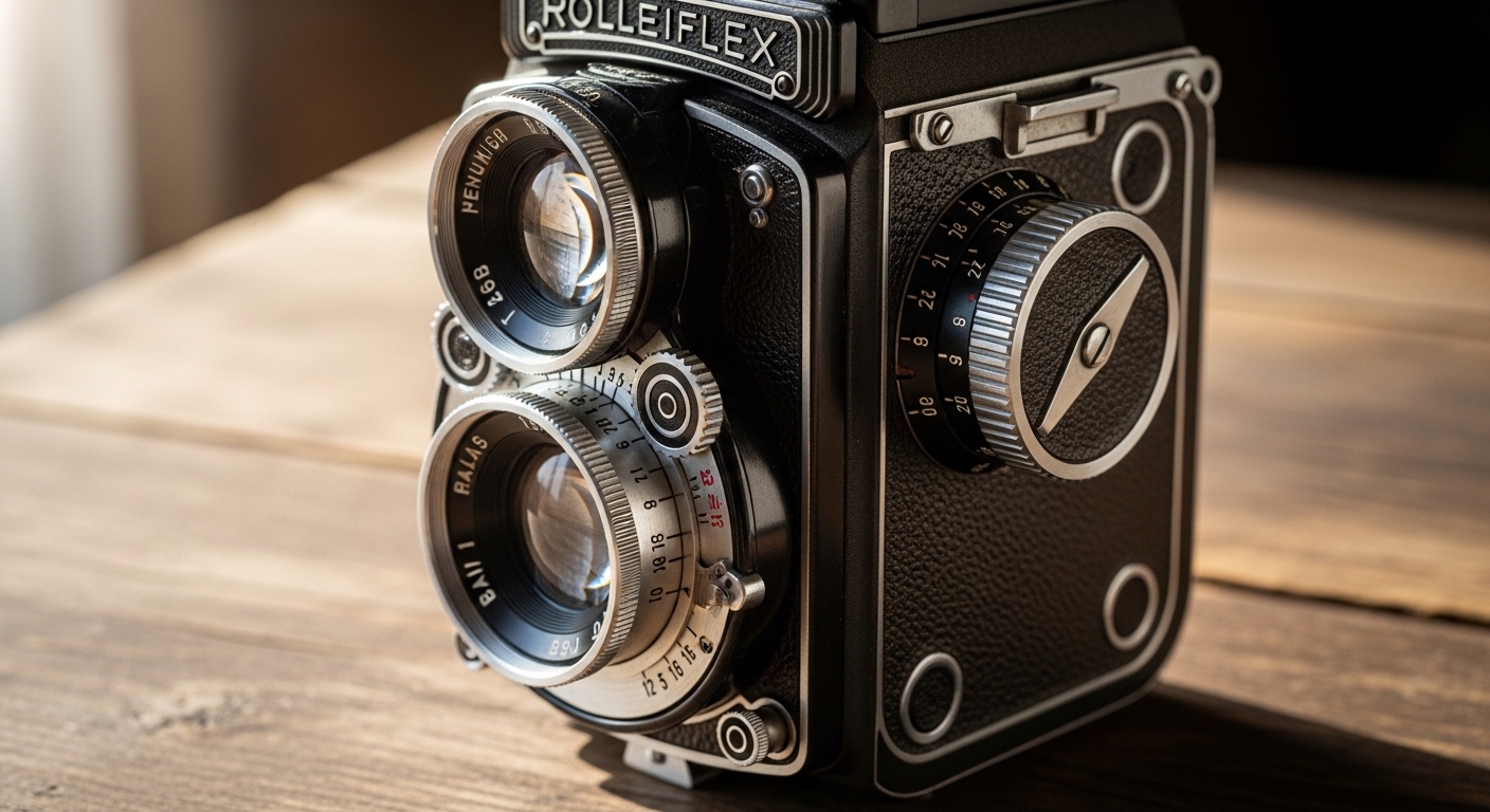 Kamera film format medium vintage dengan detail lensa dan dial