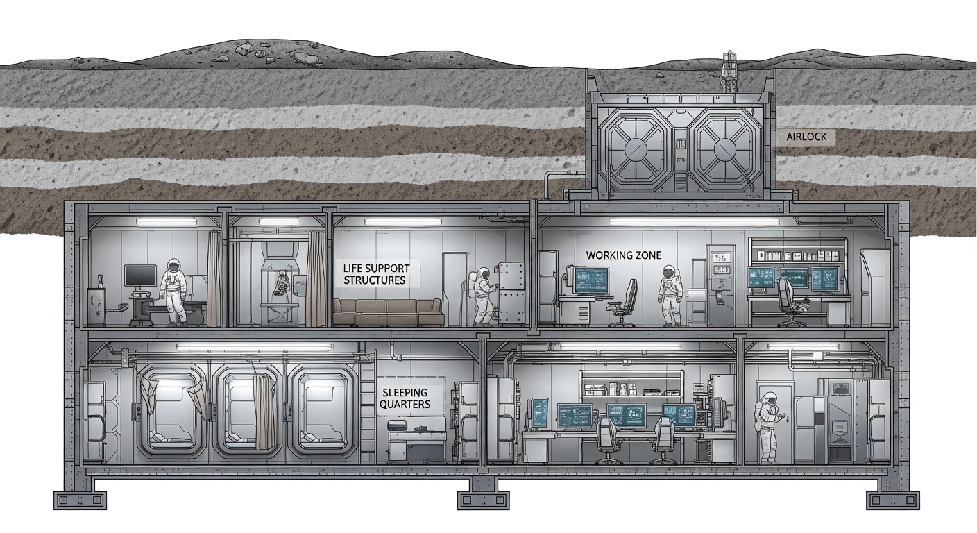 Coupe transversale d'un habitat lunaire souterrain