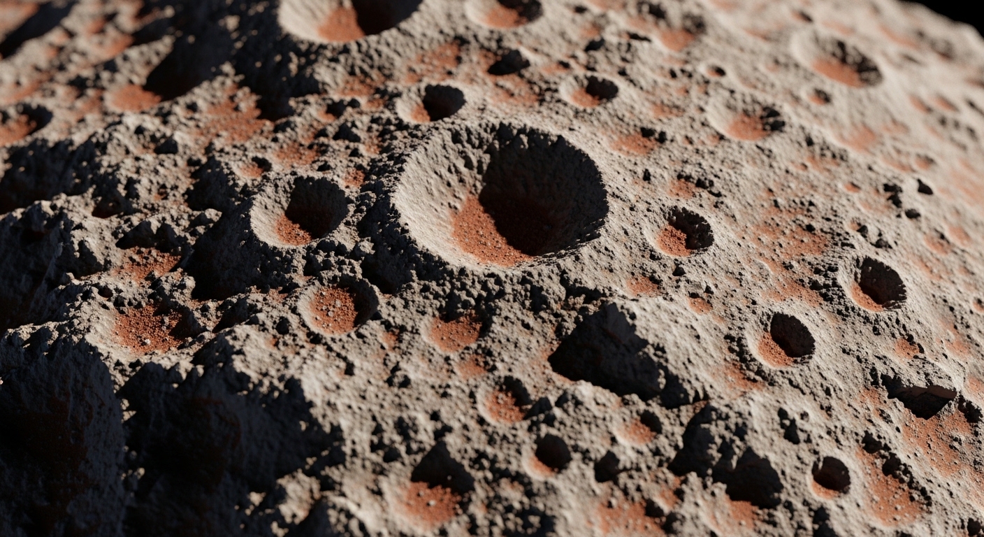 小惑星表面のクレーターと岩石テクスチャのクローズアップ