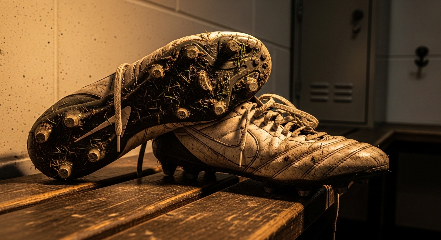 Muddy soccer cleats on changing room bench