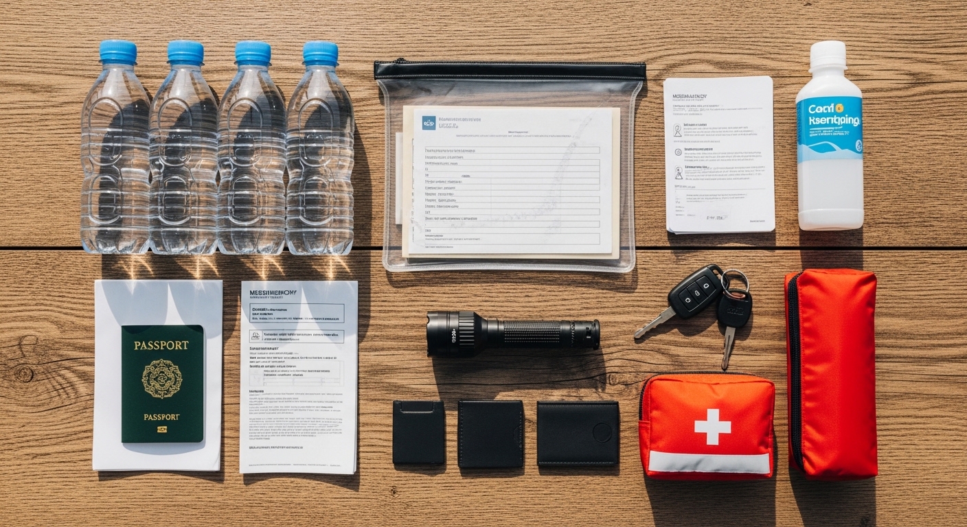 Kit d'urgence incendie préparé pour évacuation