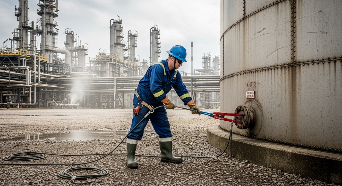 Industrial worker grounding equipment at refinery