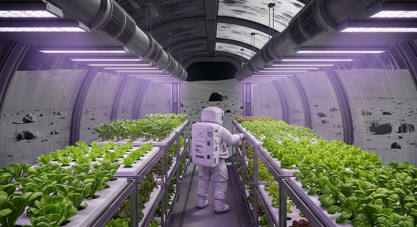 Serre pressurisée avec cultures de légumes sur la Lune