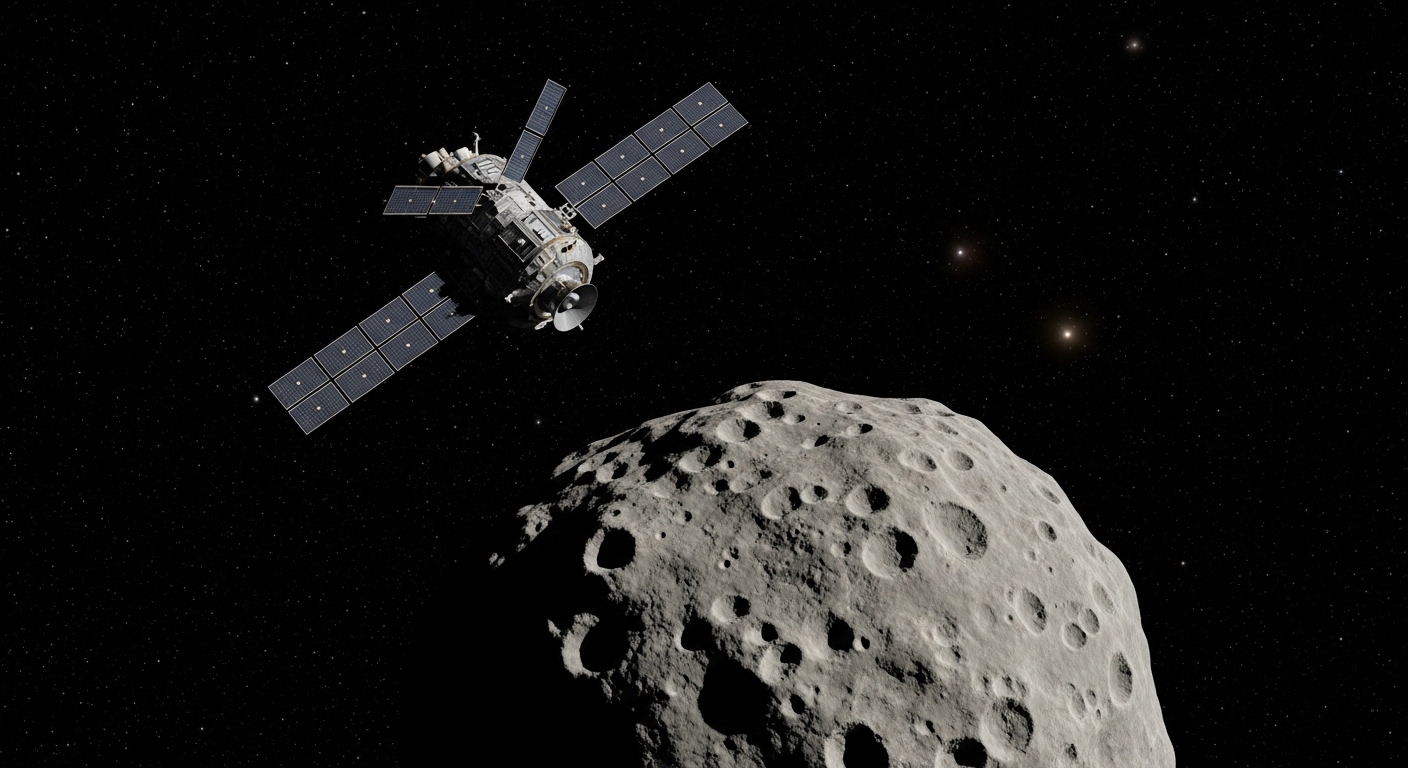 小惑星に接近する探査機の俯瞰ショット