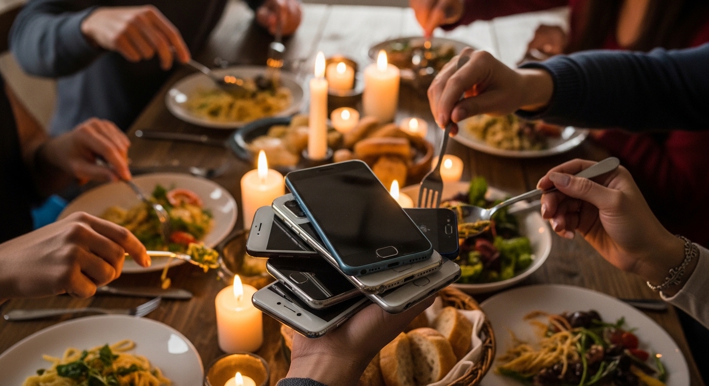 Teléfonos apilados boca abajo en mesa durante cena