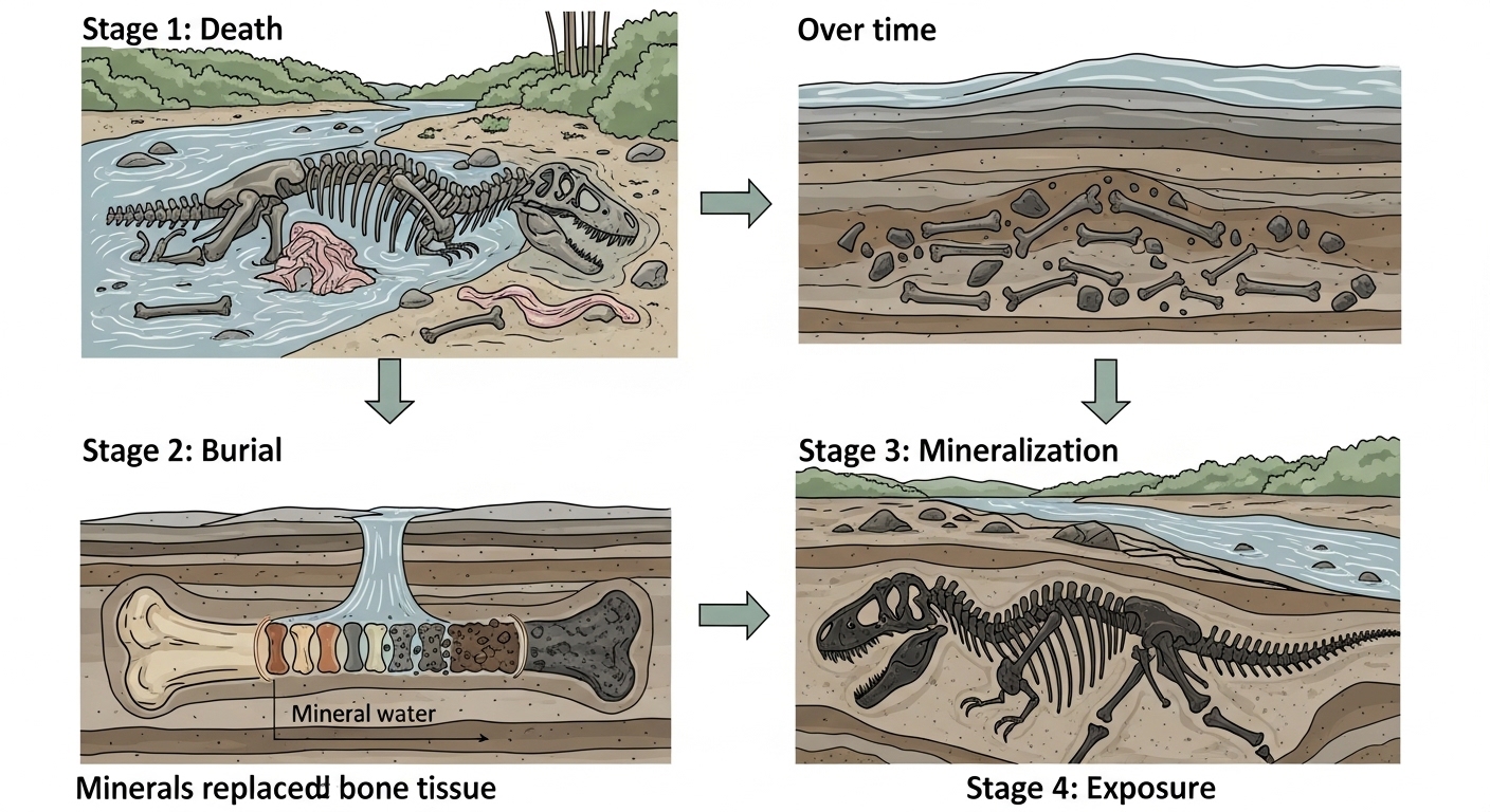 Diagram showing the four stages of dinosaur fossilization