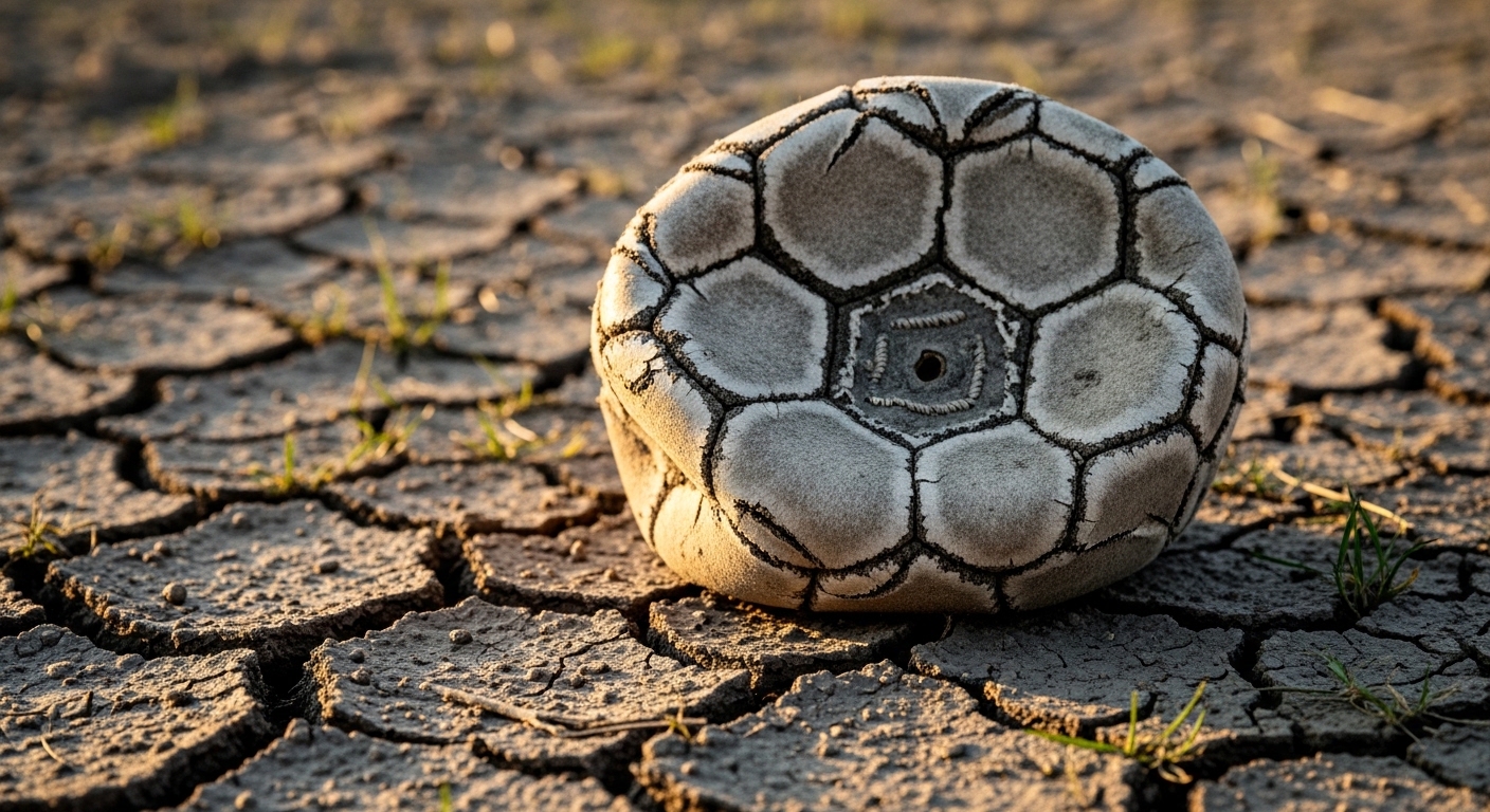 Worn soccer ball on cracked earth surface