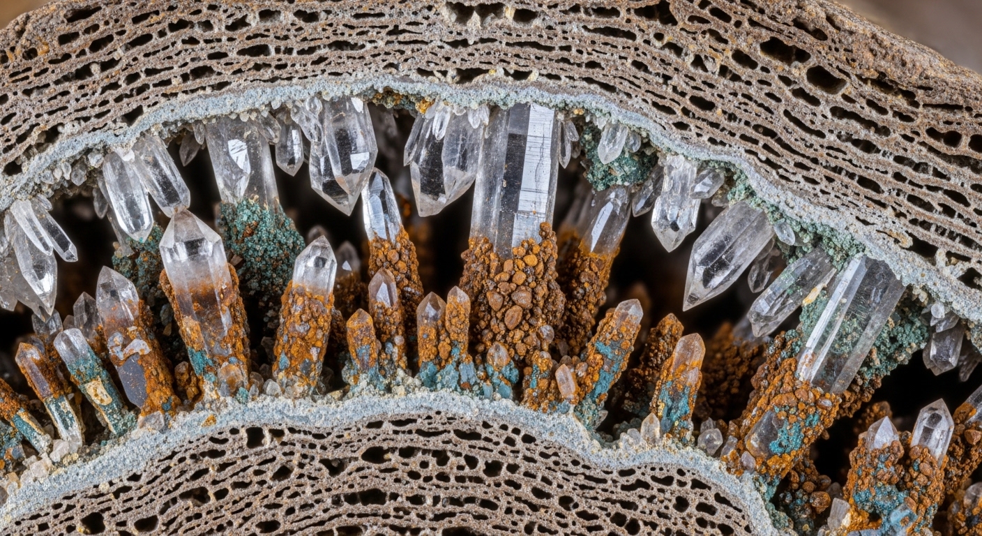 Cross-section of fossilized bone showing mineral infilling