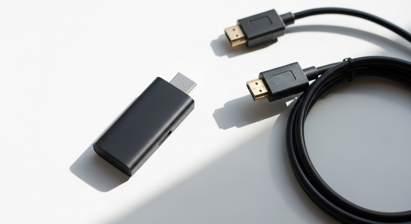 Dispositivo de streaming e cabo HDMI vistos de cima